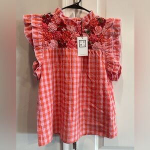 Pink check floral appliqué blouse